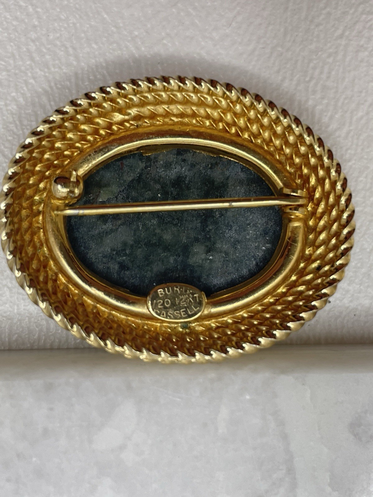 Vintage Burt Cassell Brooch Clip Earrings 12K Gold Filled Carved Green Stone