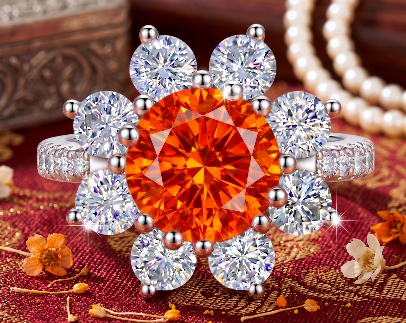 RARE 6.20 Ct Certified Round Cut Orange Natural Diamond Ring White Gold Finish