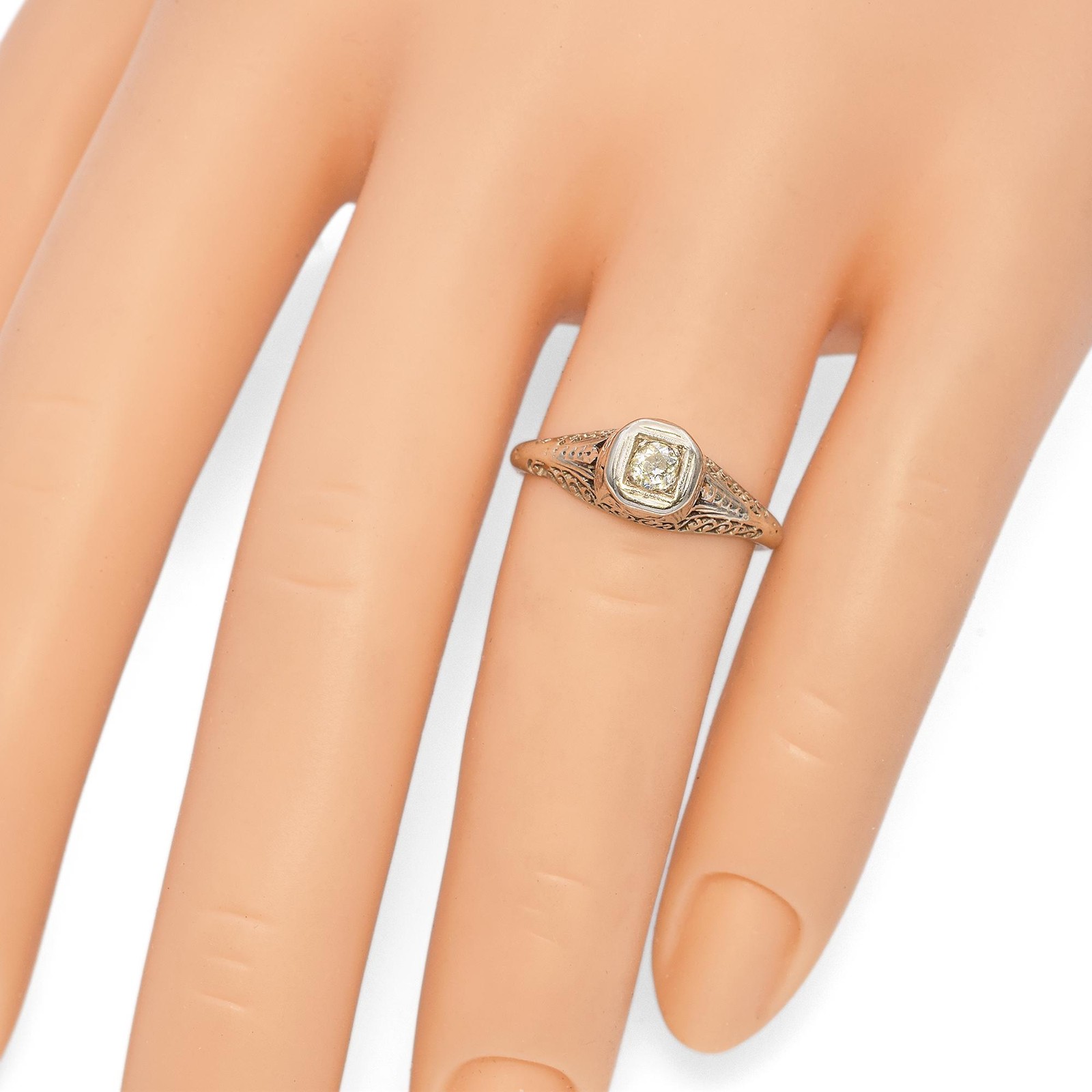 Vintage White Gold 0.11ct Old Euro Diamond Filigree Engagement Ring