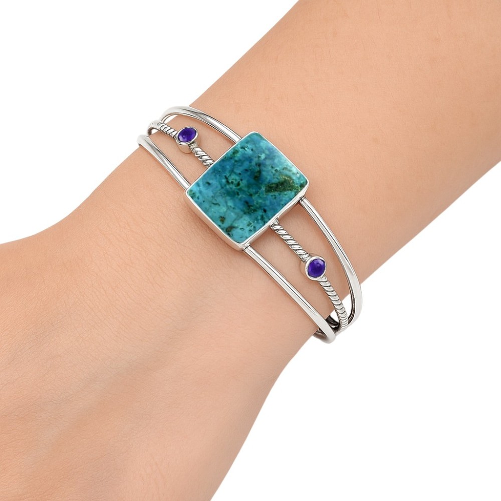 Premium Shattuckite & Amethyst 925 Silver Cuff Bangle Bracelet Jewelry B-1011