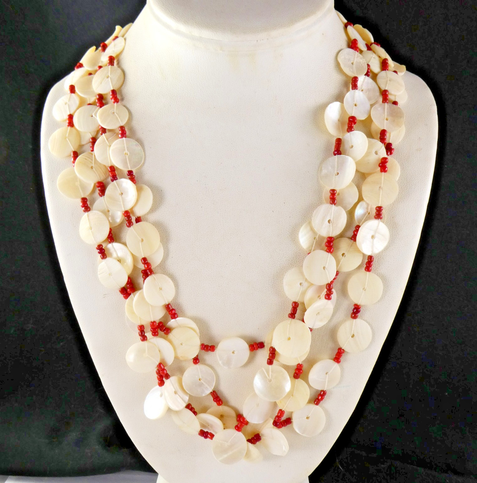 Vintage MOP Shell Disc Button Necklace Multi Strand w/ Coral Seed Beads LOVELY!