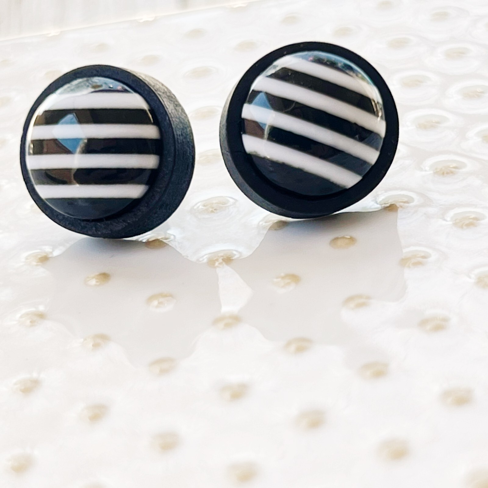 Black and White Striped Stud Earrings Black Wood Stainless Steel Post Earrings