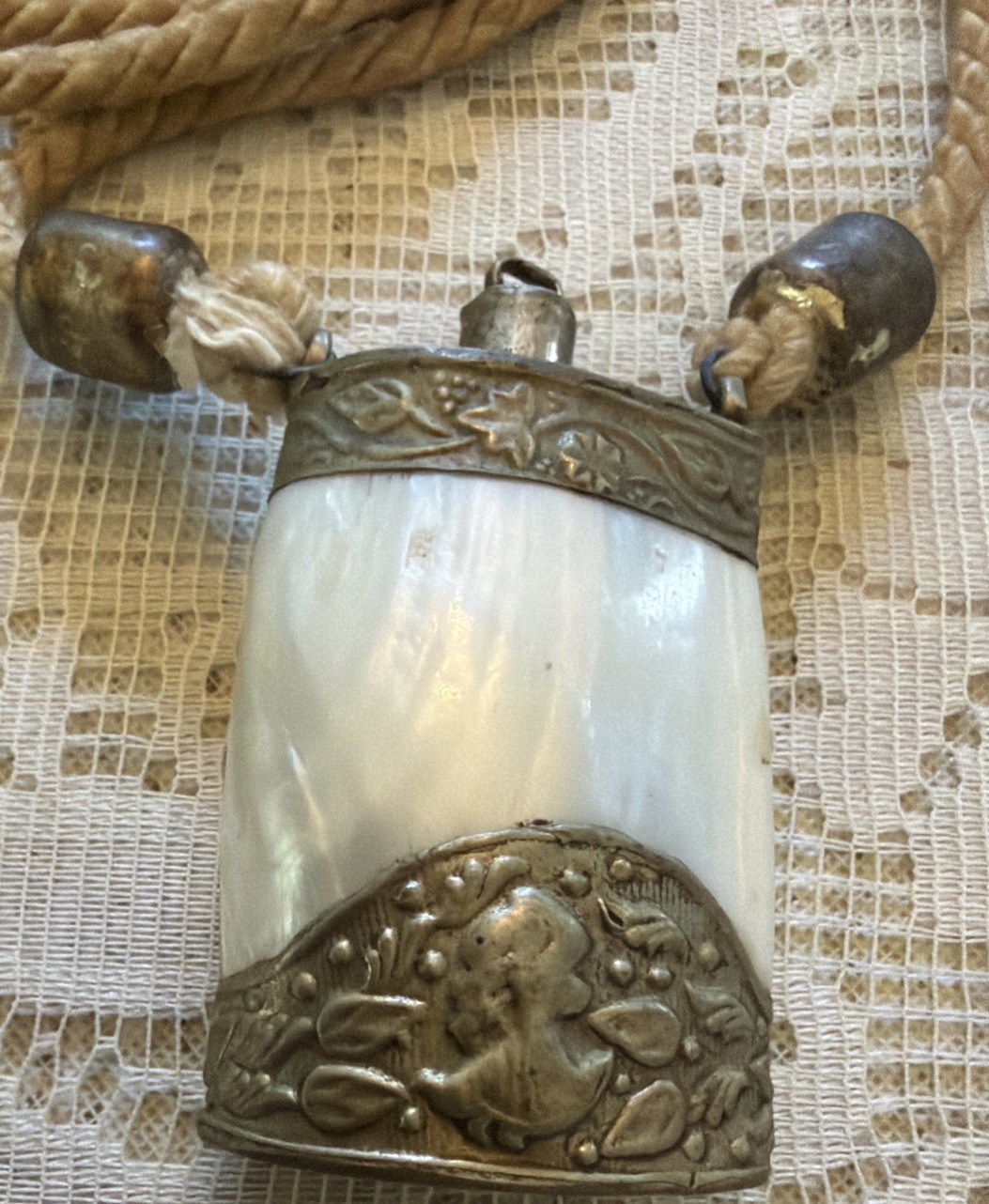 Art Deco Persian Bottle Necklace Perfume Snuff Mother Of Pearl Engraved Flask