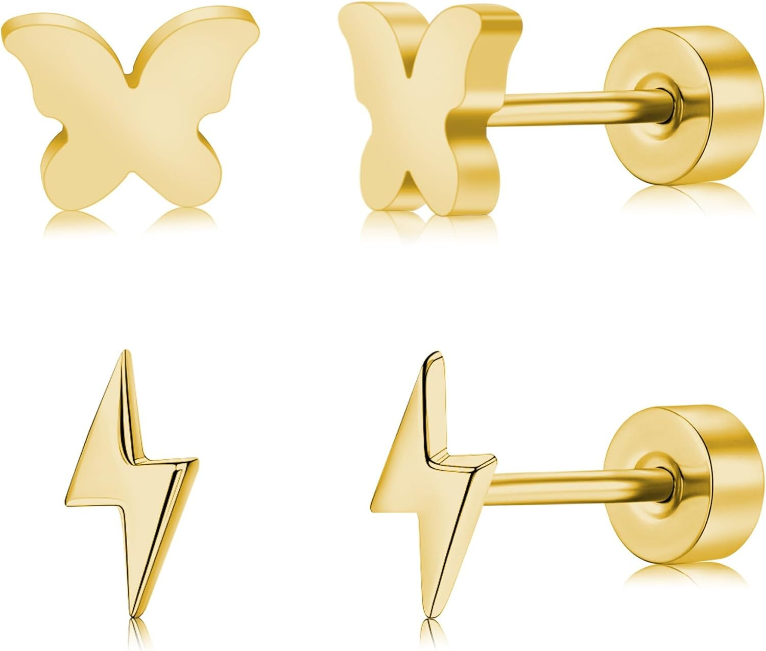 2 Pairs Flat Back Earrings Women, Titanium Star and Moon Earrings, Heart & CZ Fl