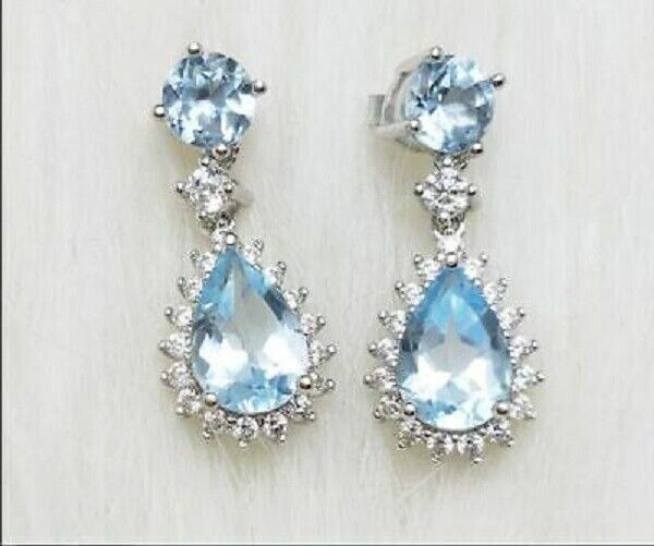 4.50Ct Pear Cut Aquamarine Gorgeous Drop & Dangle Earrings 14K White Gold Finish