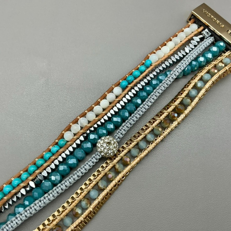 Victoria Emerson Bracelet Multi Strand Teal Beaded Crystal Leather Magnetic 7.5″