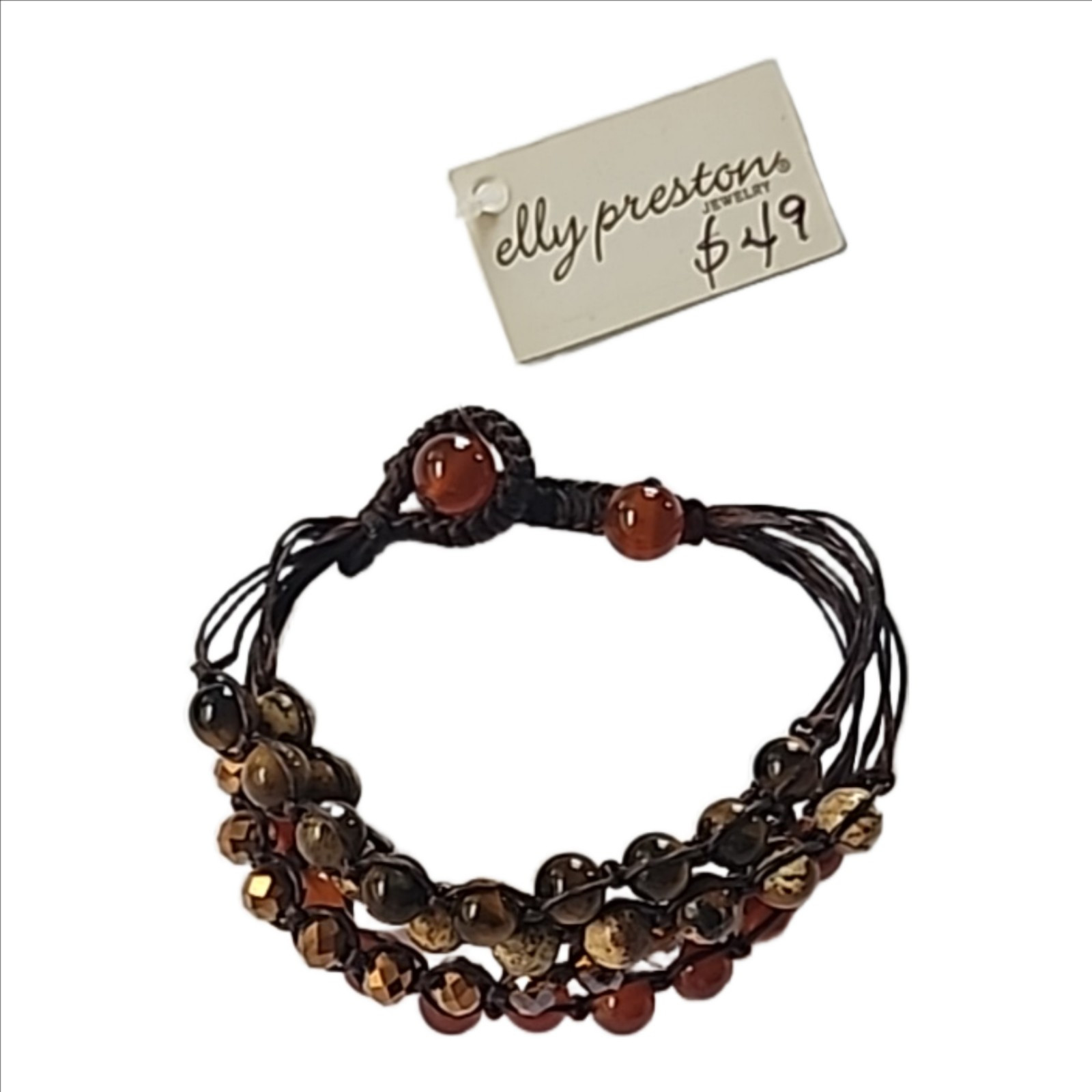 Elly Preston Leather Cord Bronze Bead Boho 3 Strand Wrap Marble Bracelet