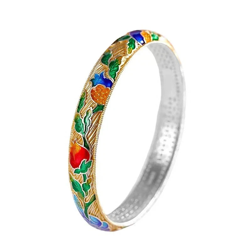 Pure S999 Fine Silver Bracelet 10mm Lucky Enamel Fish Open Bangle 34-35g ID:58mm