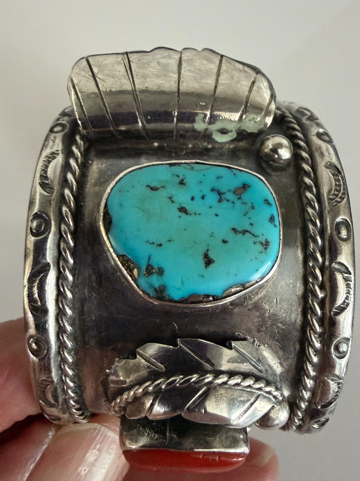Vintage Navajo Sterling Watch Cuff Bracelet 114g Turquoise Coral 1940’s Men’s 6”