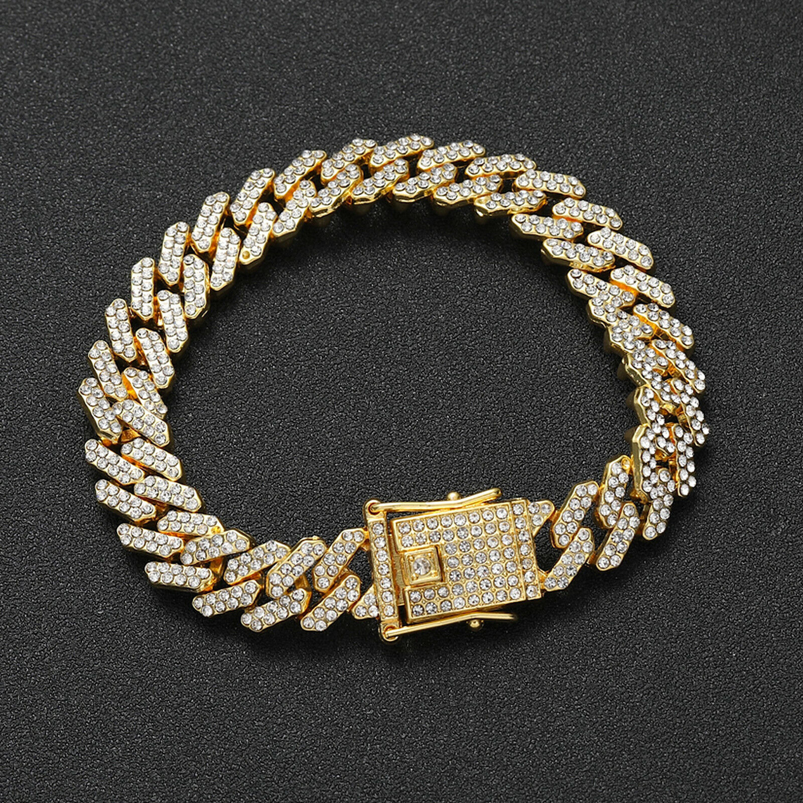 Mens 12MM Gold Plated Iced CZ Out Solid Miami Cuban Link Bracelet Hip Hop Jewely