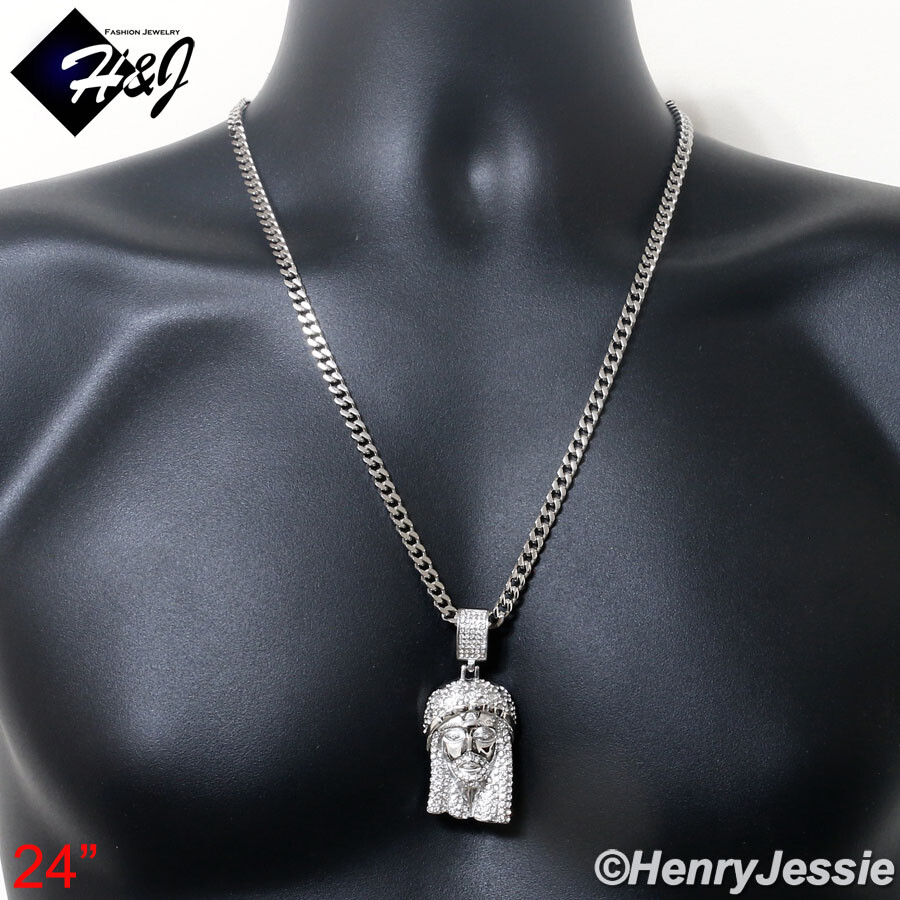 18″-40″MEN Stainless Steel 5mm Silver Cuban Curb Chain CZ Jesus Face Pendant*150