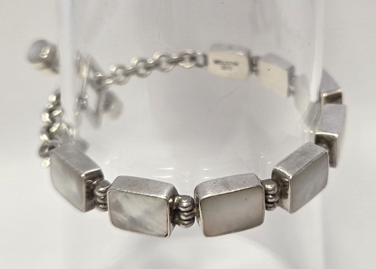 SUE HUSTON Sterling Silver Shell Inlay Bracelet 925 MOP Toggle Clasp 7″ L x3/8″w