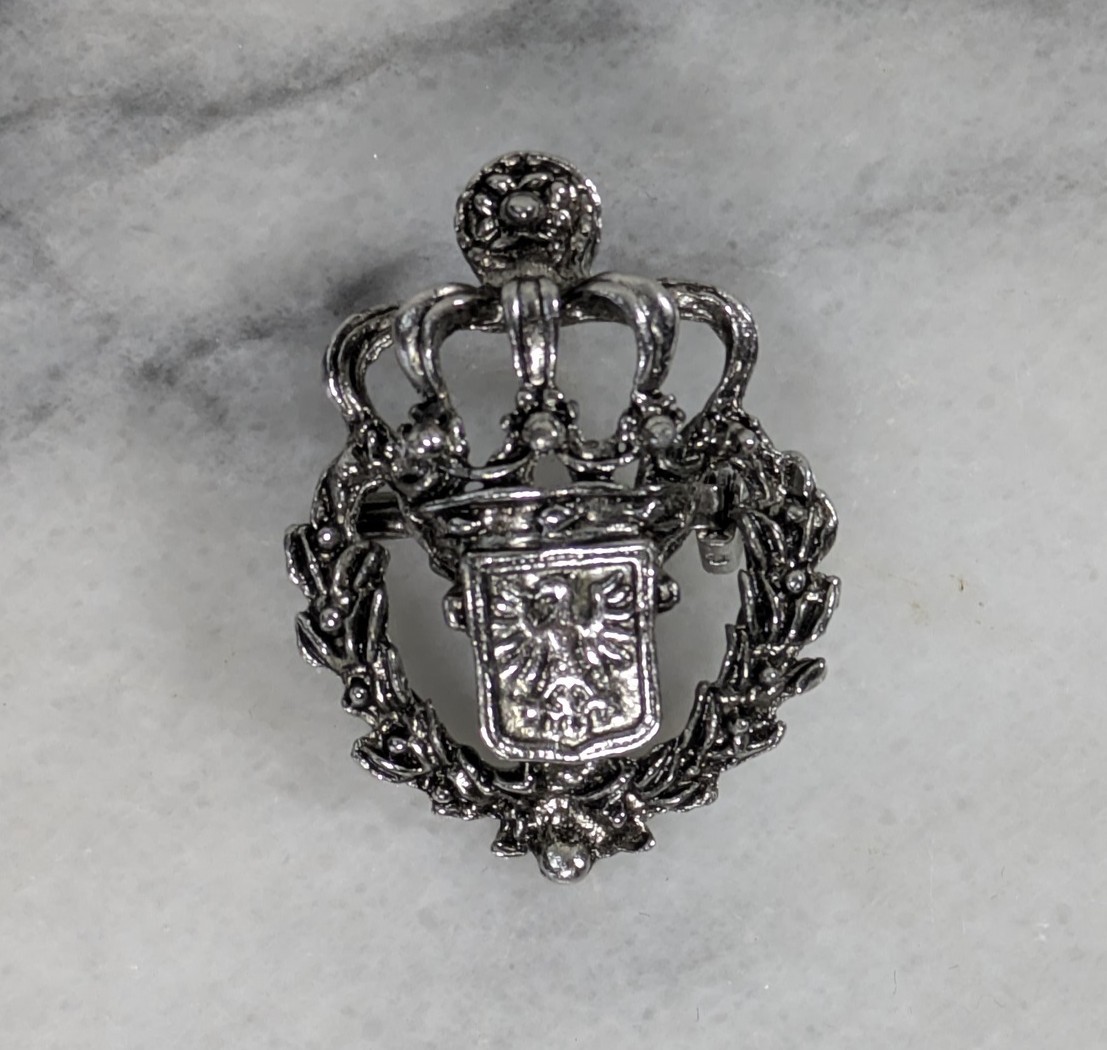 Vintage Stamped JC Crown Pontic Eagle Coat Of Arms Silver Tone Brooch Pin
