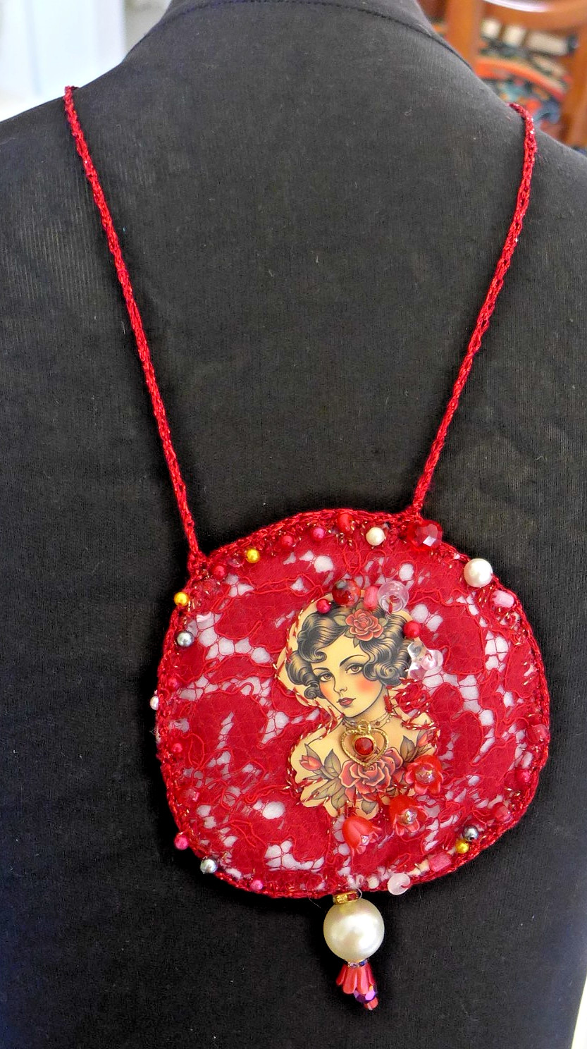 Handmade Crocheted art Necklace Cotton Fabrics embroidered crocheted+ Beads