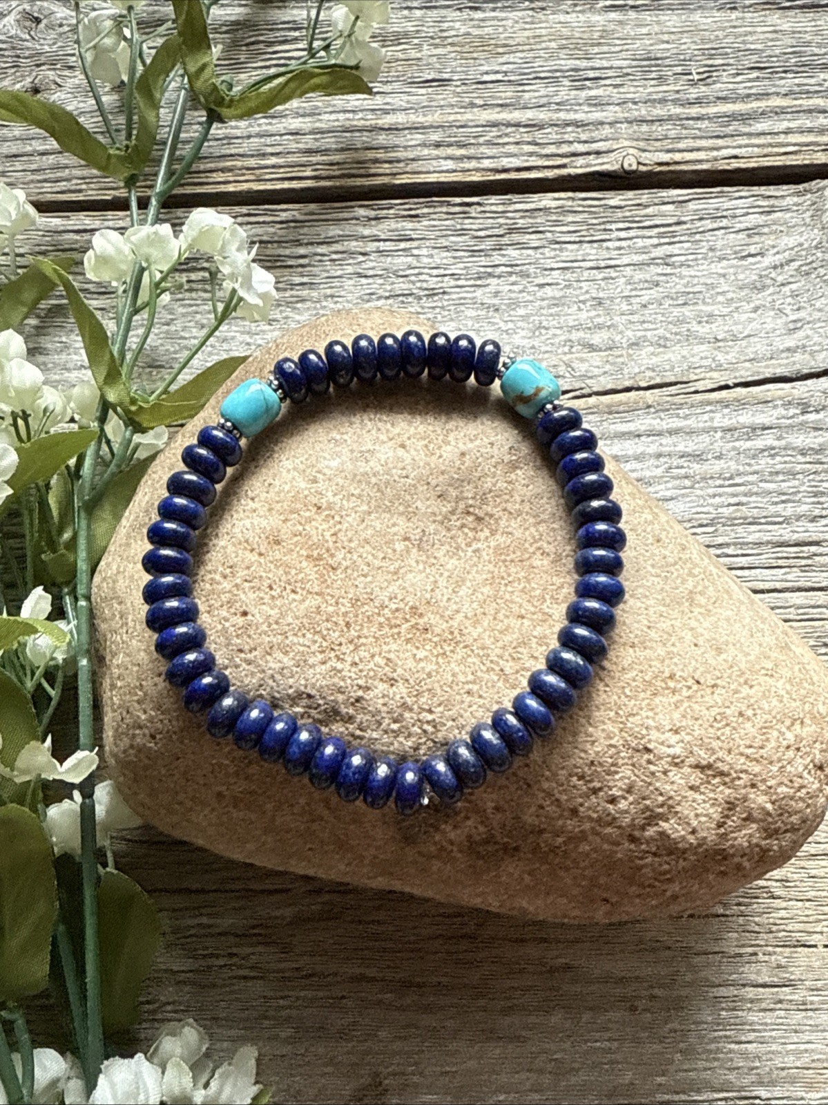 Lapis Turquoise 6.5 Inch Stretch Elastic Stretchy Bead Bracelet Gift