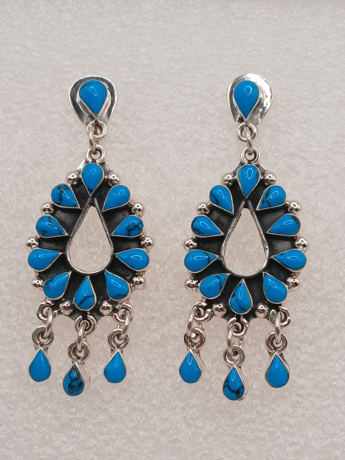 Sterling Silver Navajo Style Turquoise Teardrop Dangle Earrings 61mm