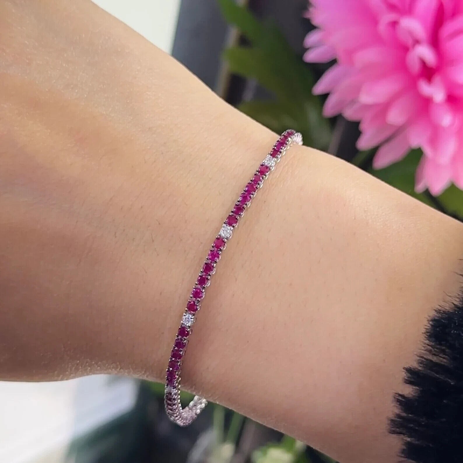 Women’s New Year Tennis Bracelet Round Natural AAA Ruby/Diamond 14k White Gold