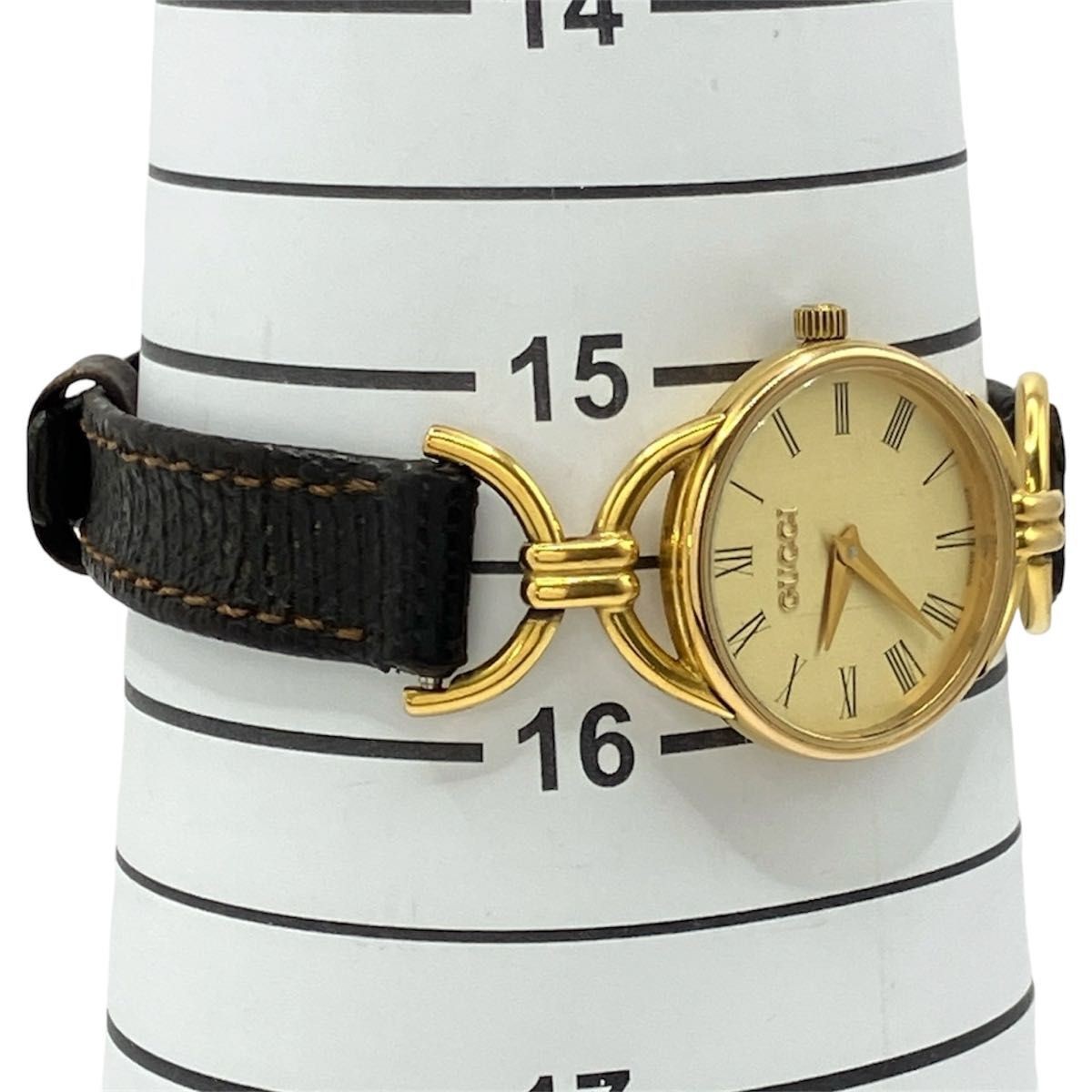 Working GUCCI watch gold dial quartz leather belt 6000L