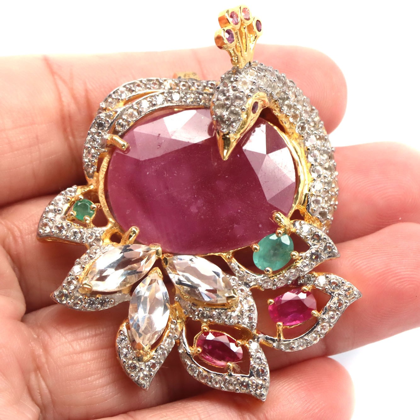 925 Silver 21×28 MM. Red Ruby, Topaz, Emerald, Sapphire & Zircon Brooch/Pendant