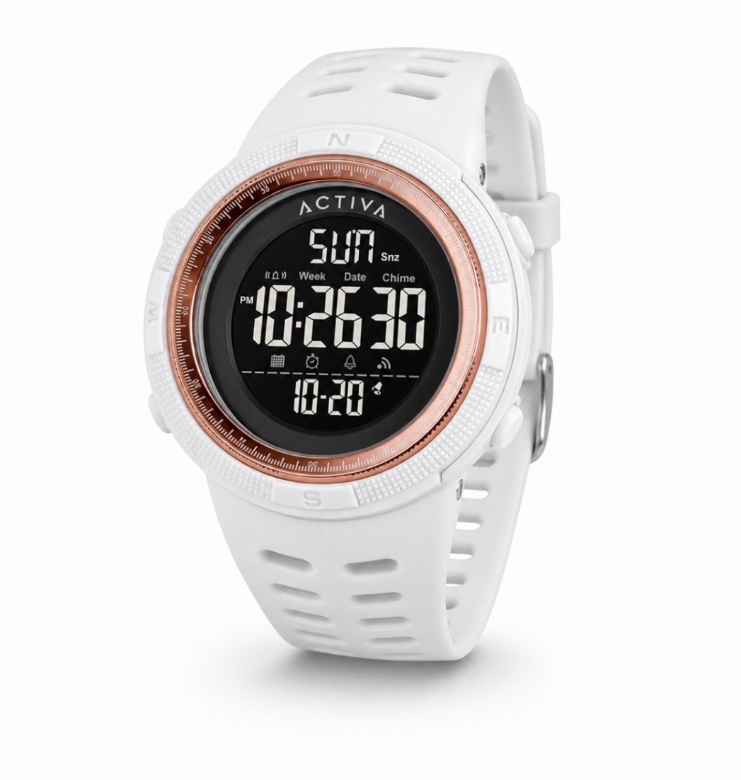 Activa ACW1915 Digital Quartz Sport Watch Backlight White Resin Rose Gold Bezel