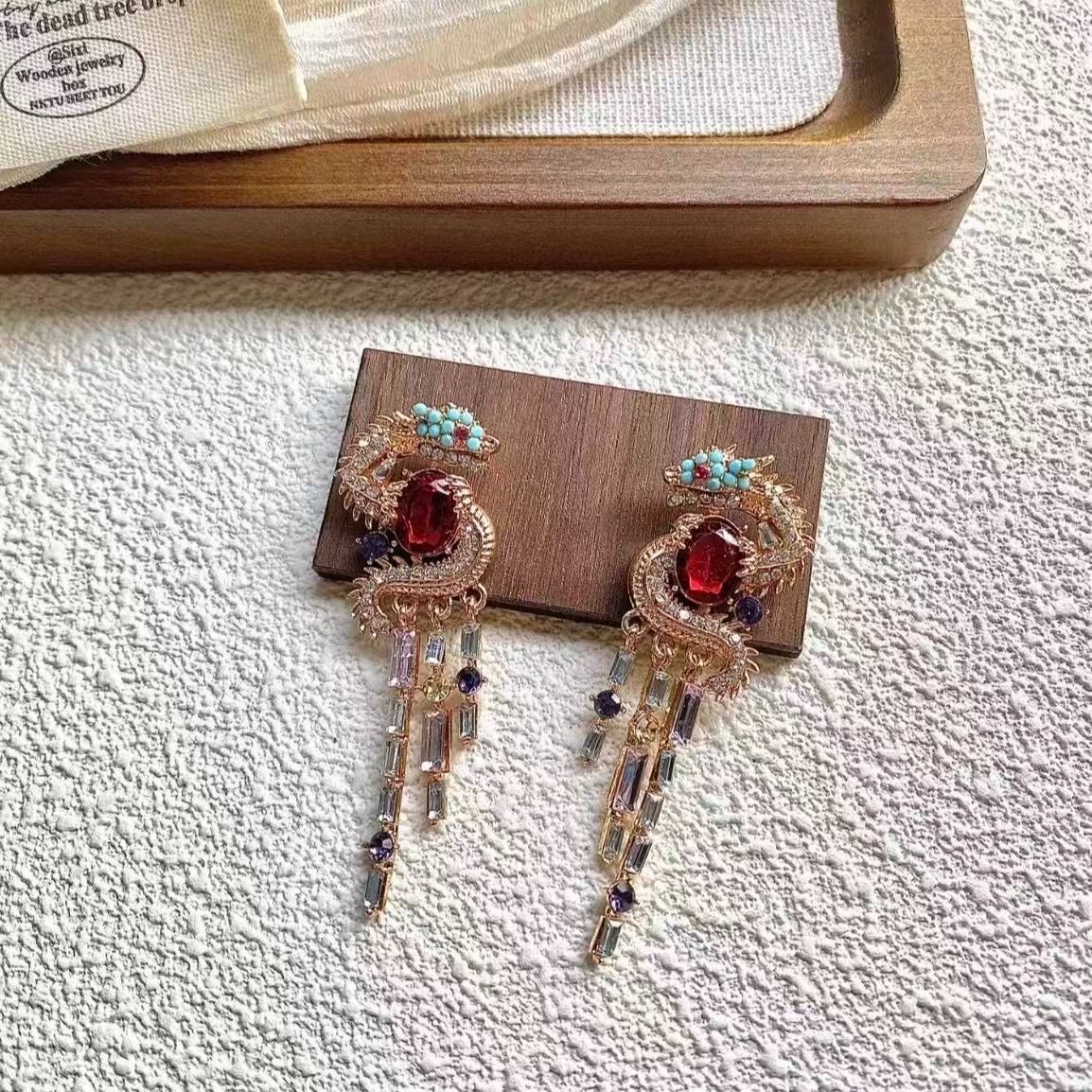 Chinese Dragon Tassel Earrings Colorful Rhinestone Luxury Court Style Jewelry
