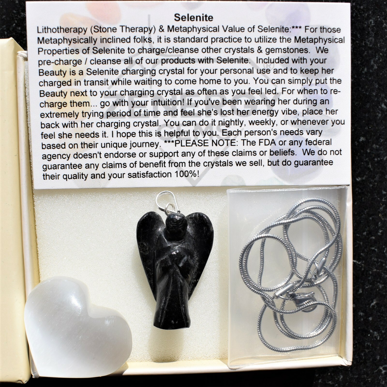CHARGED Black Tourmaline Crystal Angel Pendant + 20″ Stainless Steel Chain