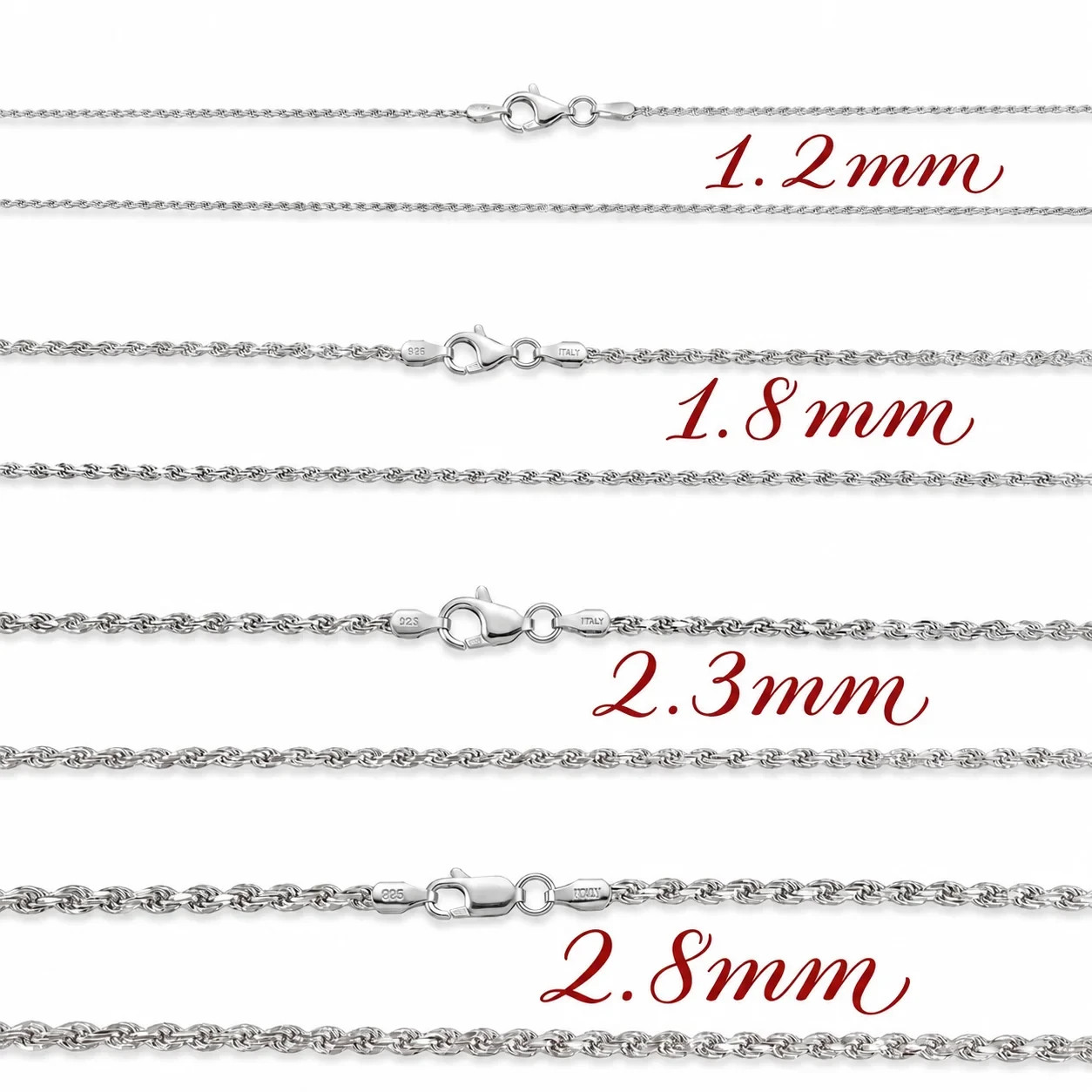 Diamond Cut Rope Chain Rhodium Plated 925 Sterling Silver Italy 18″ 20″ 22″ 24″