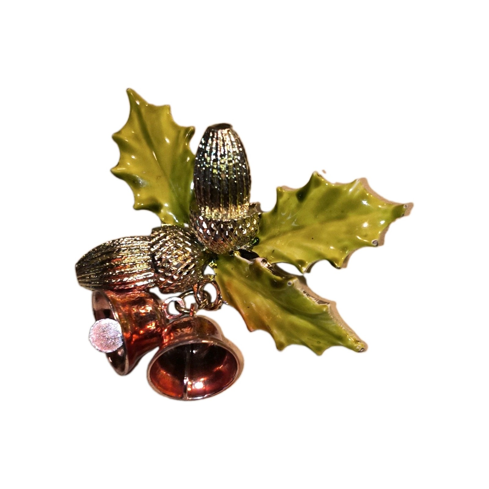 Vintage Signed Coro Holiday Brooch Green Enamel Holly Acorns Red Dangle Bells