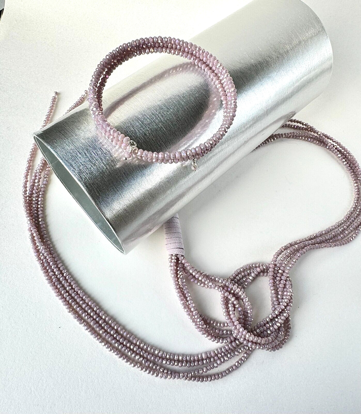 Crystal Lariat Necklace: Tie Necklace & Bracelet Set, Dusty Rose,Genuine Leather