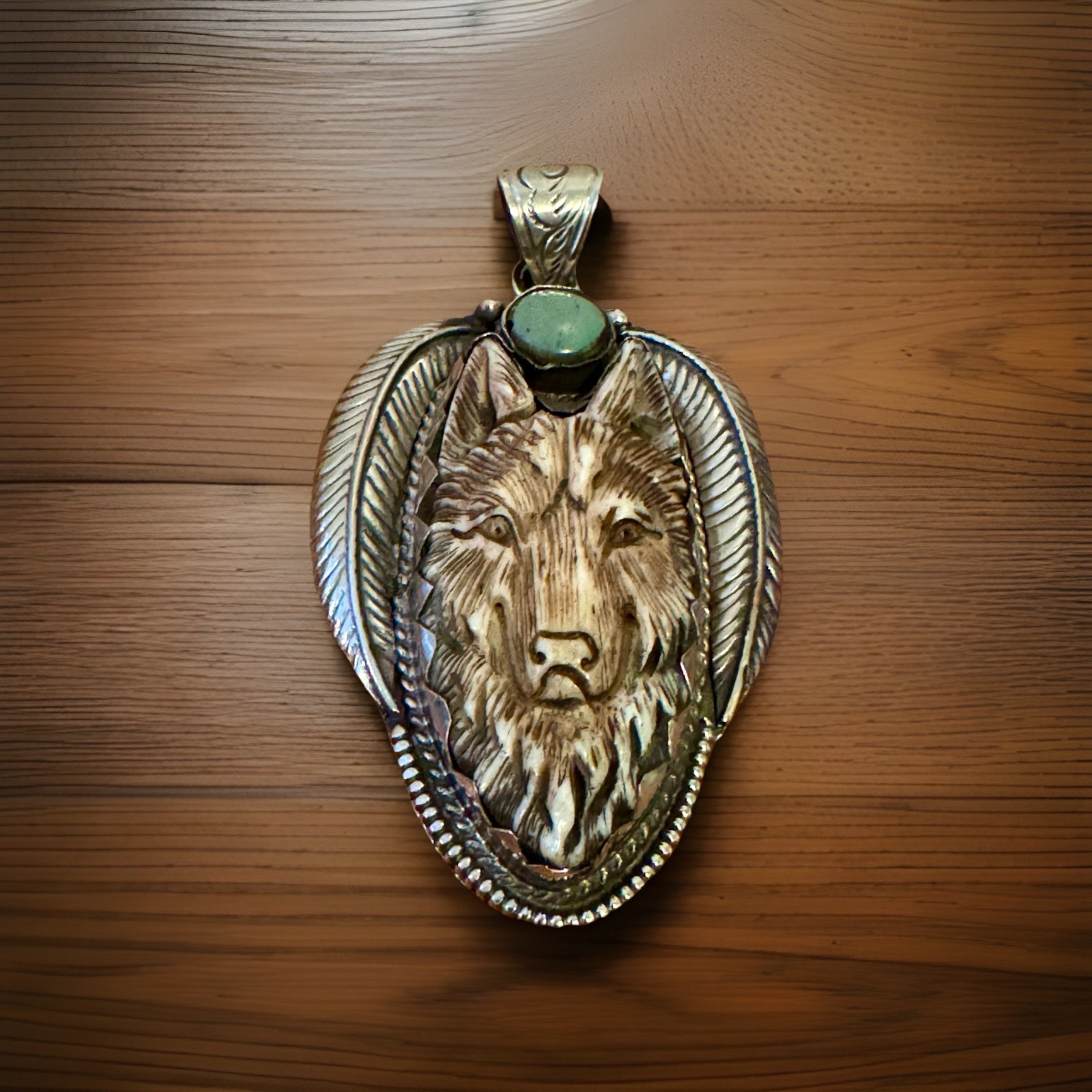 Hand Carved Bone Pendant,Wolf Art,Auspicious Floral Carving,Turquoise & Silver