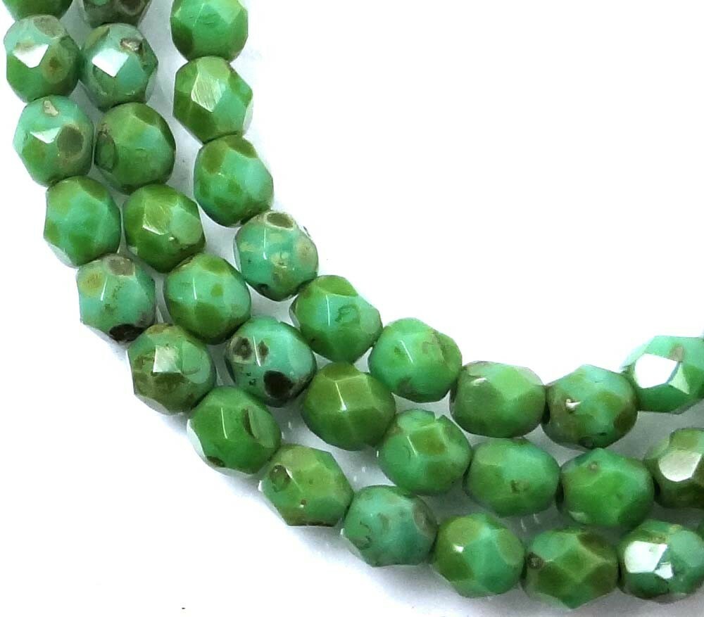 50 Czech Glass Faceted Round Beads – Opaque Green Turquoise – Picasso 4mm
