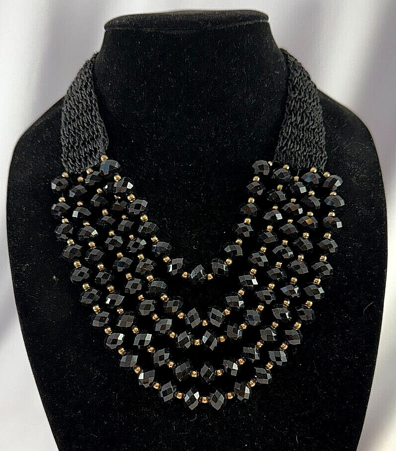 Multi Strand Black Faceted Glass Beaded Woven Macrame Necklace