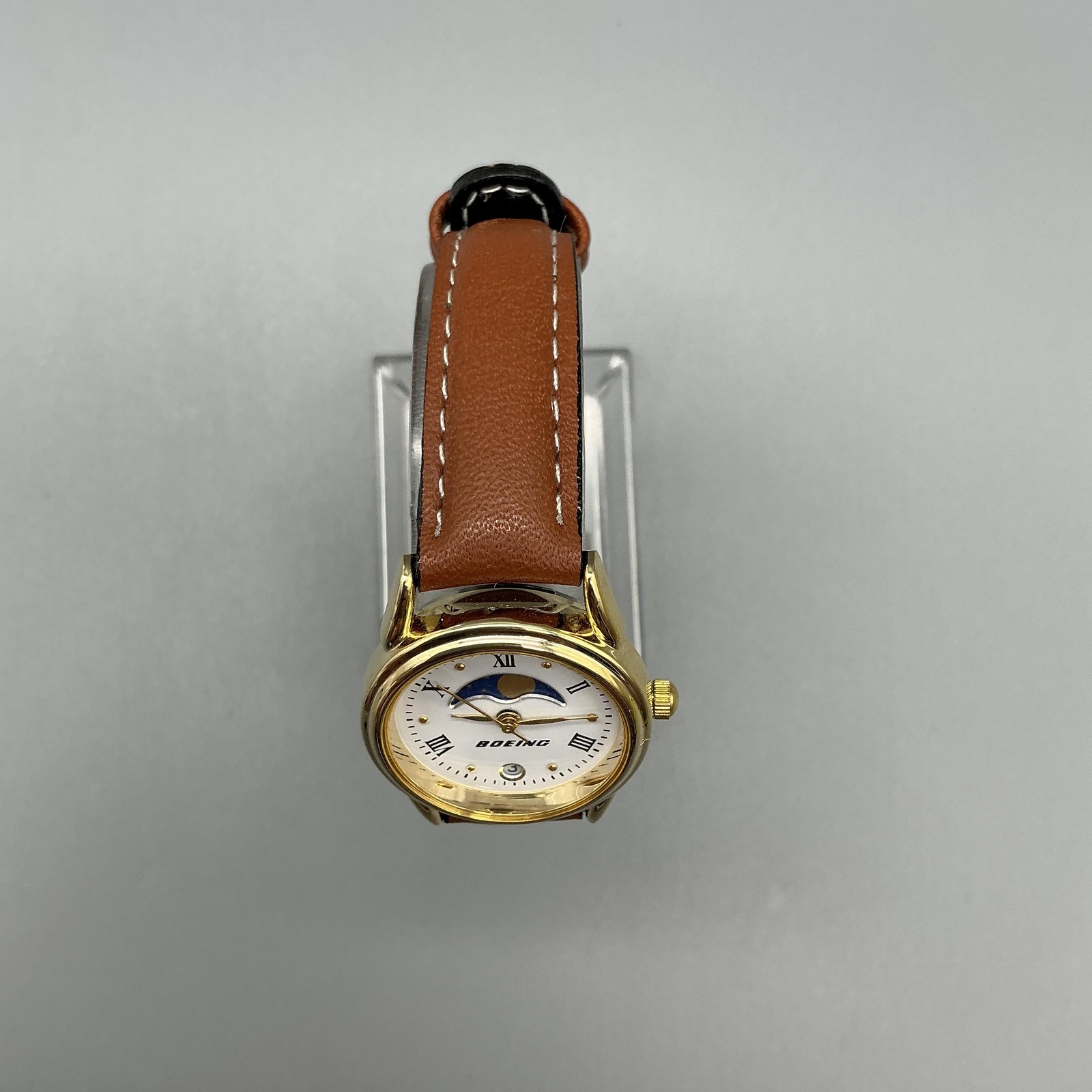 Boeing Womens Watch 25mm Day Night Moon Phase Gold Tone Leather Date New Battery