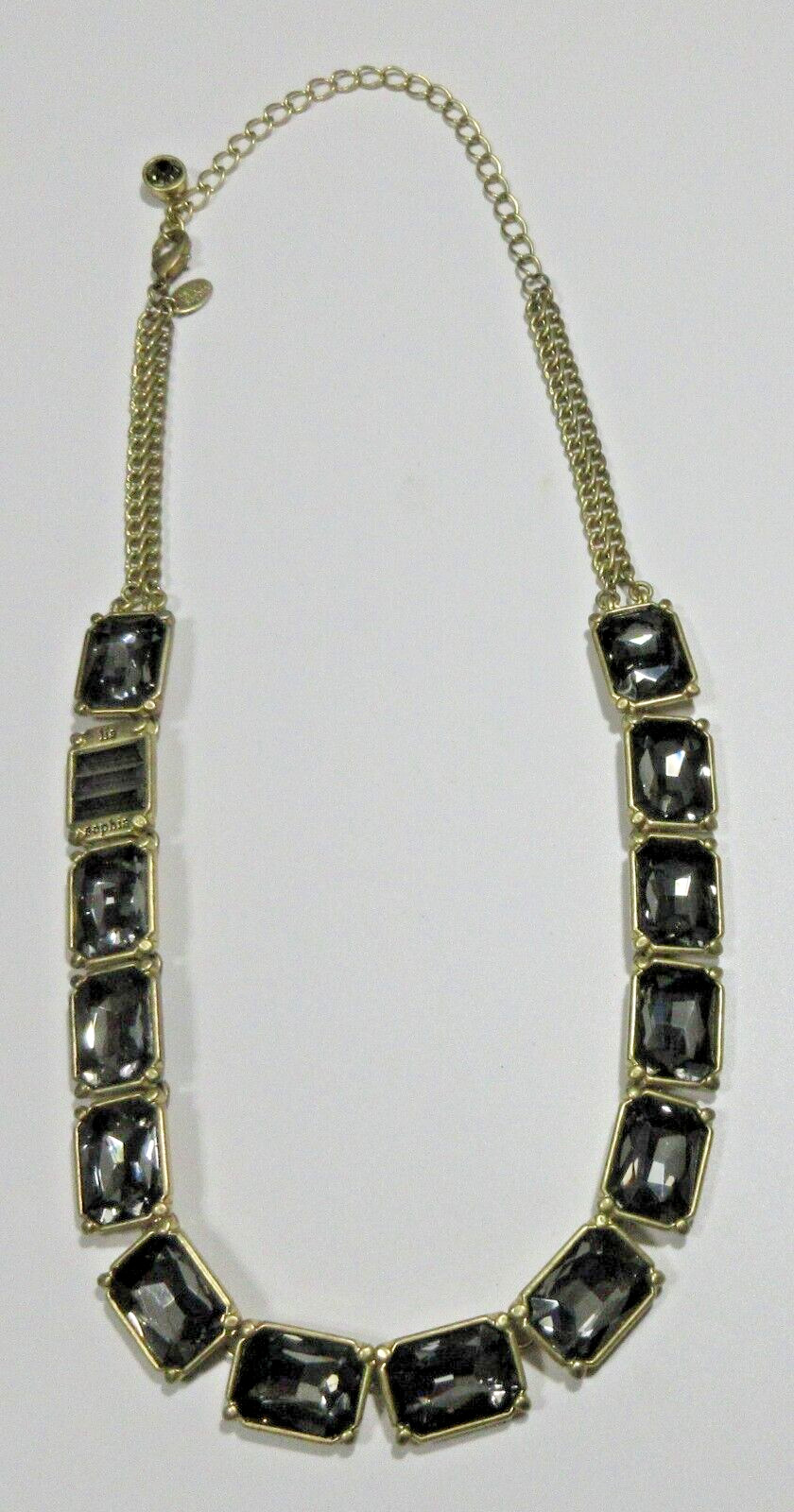 SIGNED LIA SOPHIA 23″ charcoal gray glass gold tone mtl Necklace costume jewelry