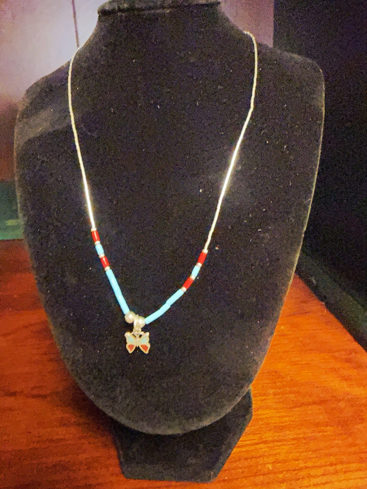 Beaded Pendant Necklace Turquoise & Red Beads Silver-Tone Butterfly Charm