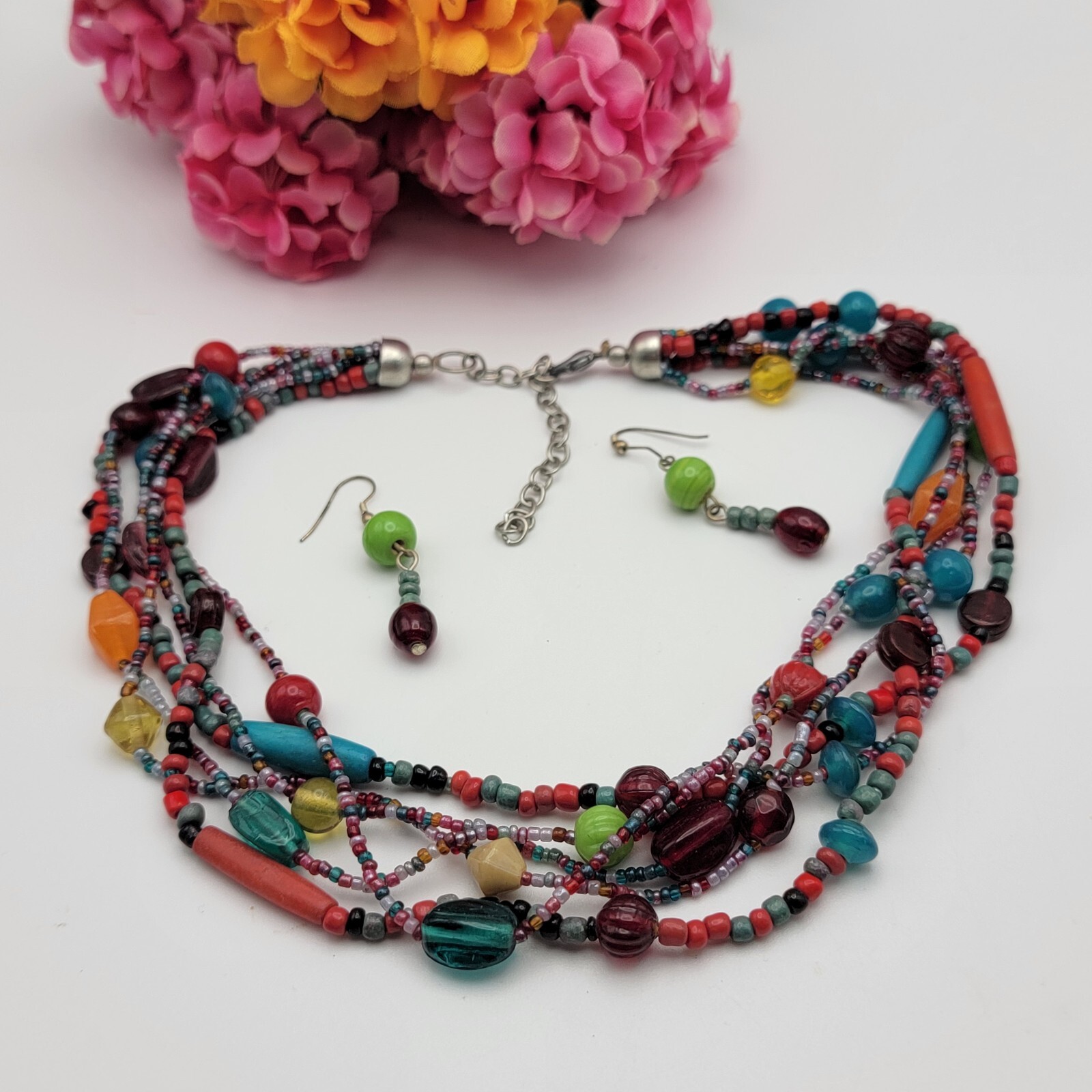Multicolor Glass Stone And Seed Bead Multi Strand Necklace And Earrings Set 20″