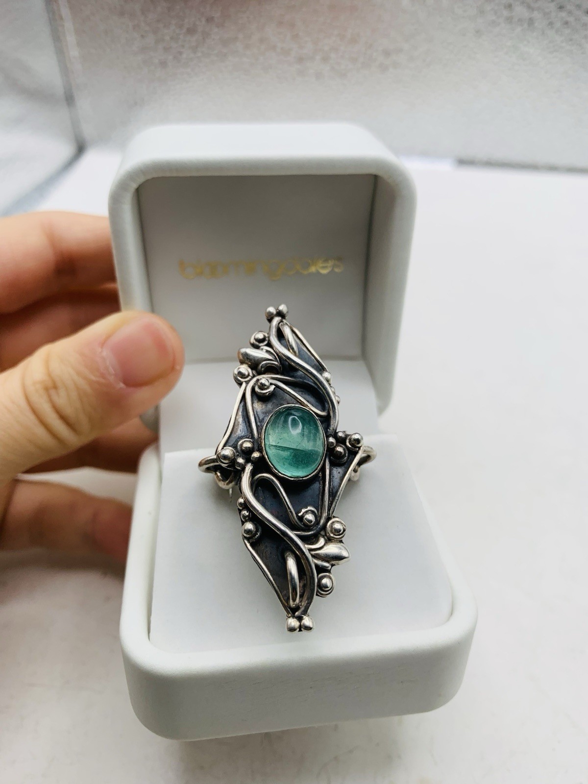 Vintage Sterling Silver Art Nouveau Artisan Sculptural Blue Cabochon Sz 5.5 Ring
