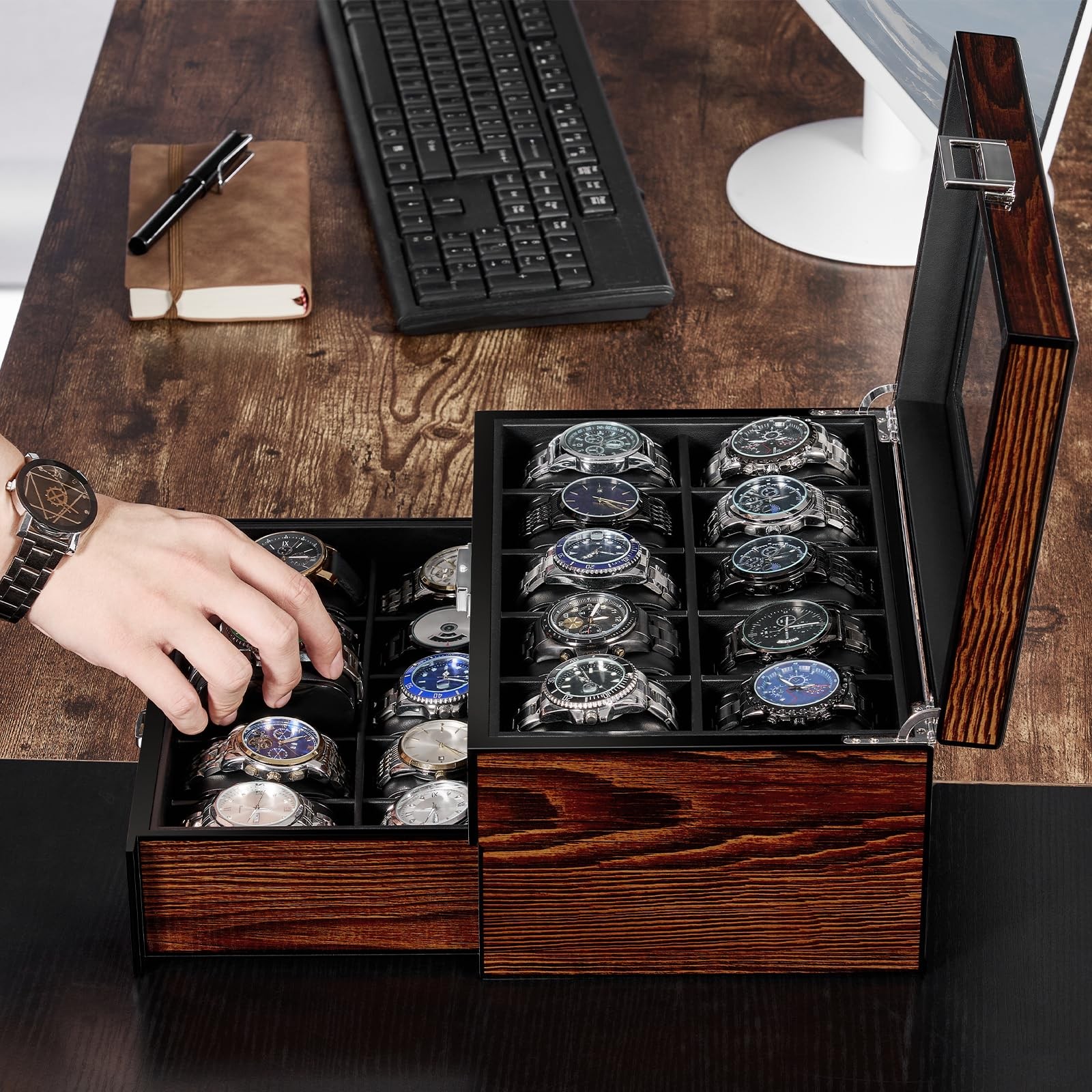 BEWISHOME High-End Watch Box, 20-Slot Case with Large Medium, Brown