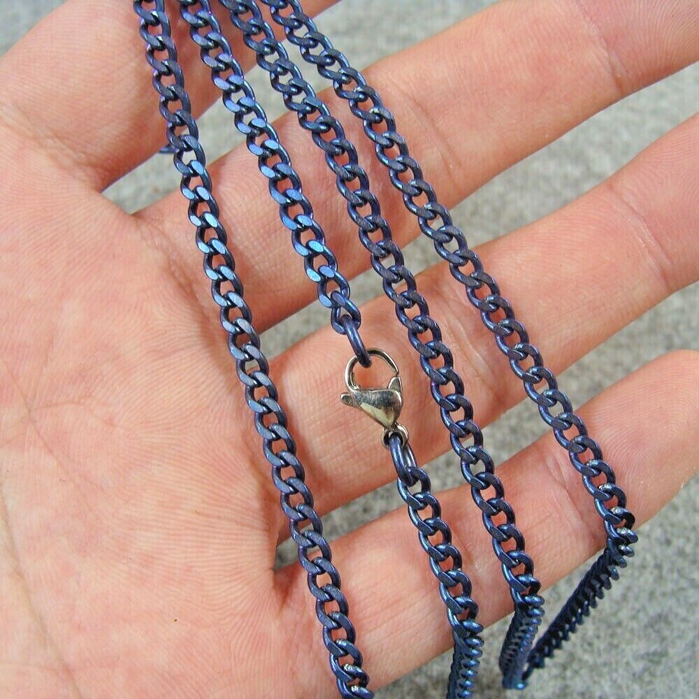 Pure Titanium Anti-allergy Necklace 3.5mm Wide Flat Curb Chain (Blue Color)