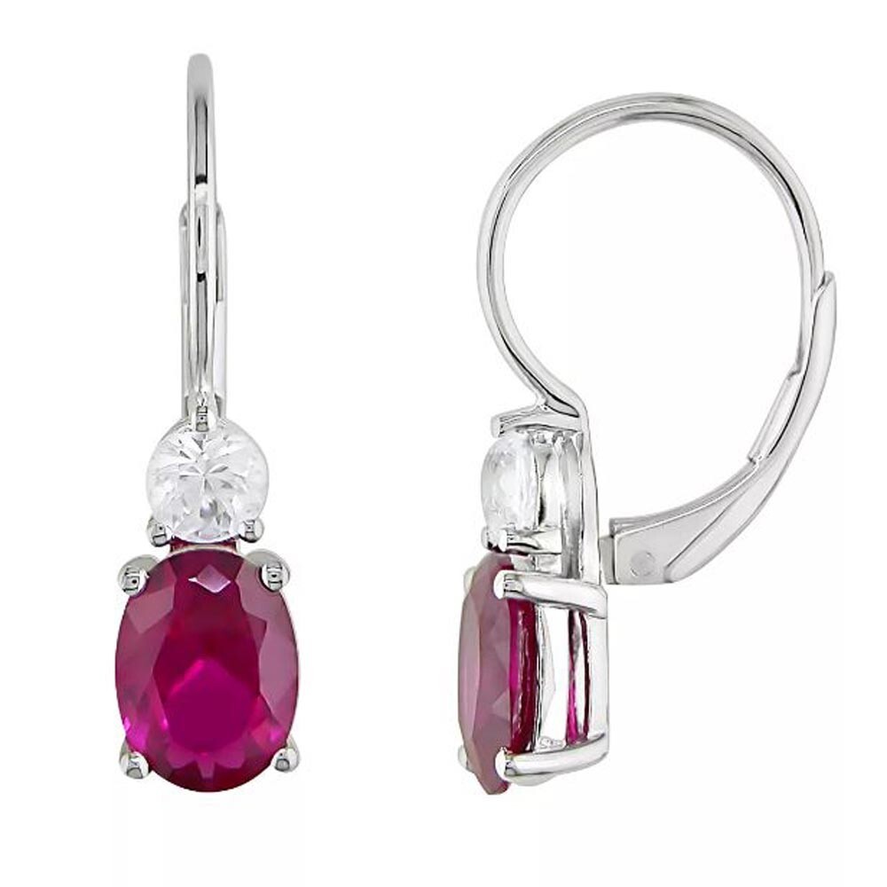 1.75CT Simulated Ruby & Diamond Drop/Dangle Leveback Earrings White Gold Plated