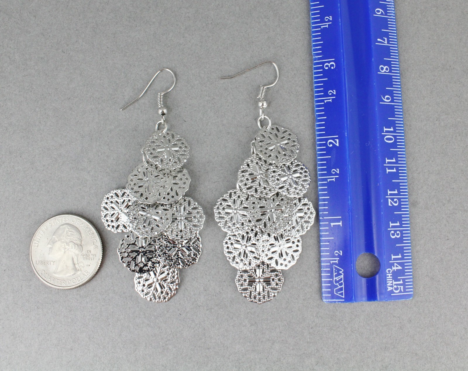 Silver chandelier earrings filigree dangle pendant wiggly 3″ long lightweight