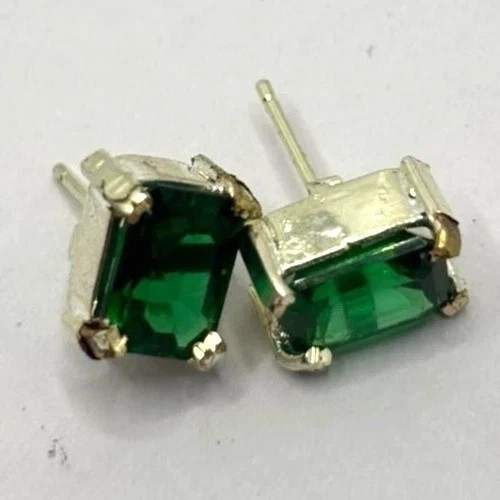 9 Ct Natural Green Emerald Stud Earrings Emerald Cut loose Gemstone 925 Silver