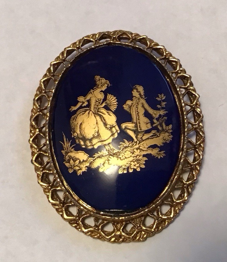LIMOGES France Pendant/Brooch~ The Proposal~Vintage Cobalt/Gold Tone Brooch 2″L