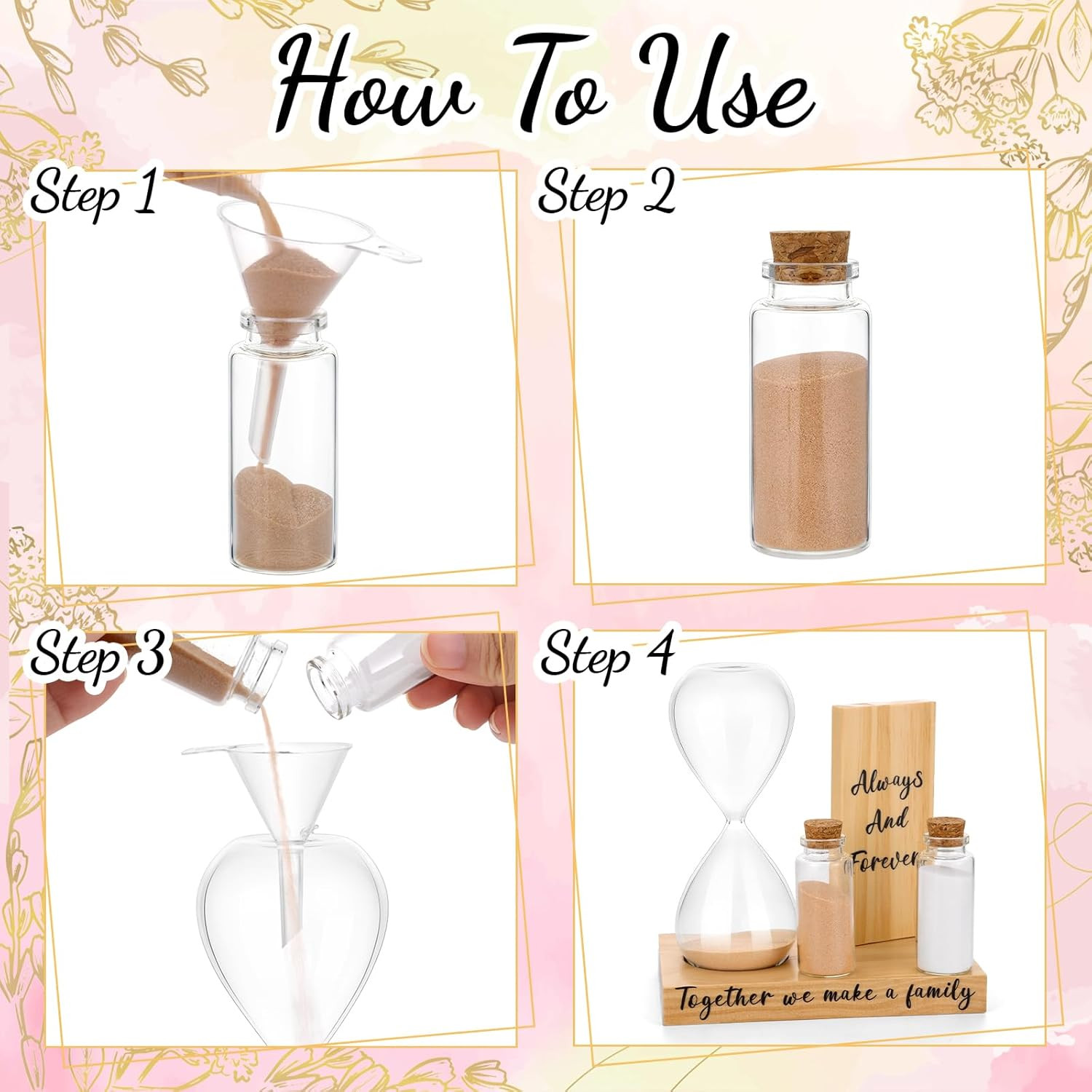 Unity Sand Ceremony Set with Hourglass, Mini Bottles, and Dyed Sand