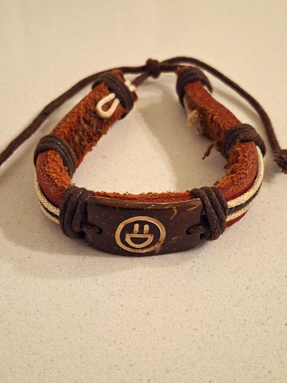 Leather Smiley Face Bracelet Adjustable Drawstring Closure Brown Black White