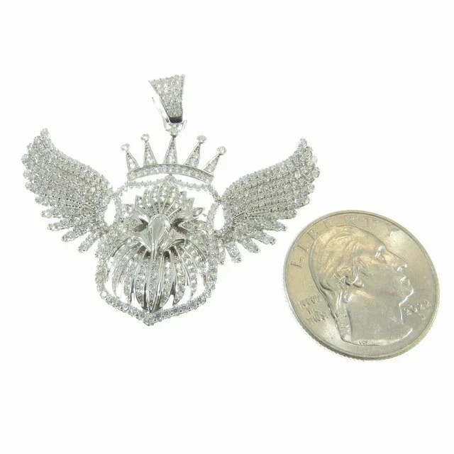 2.50Ct Round Cut Real Moissanite Men’s Crown Eagle Pendant 14K White Gold Plated