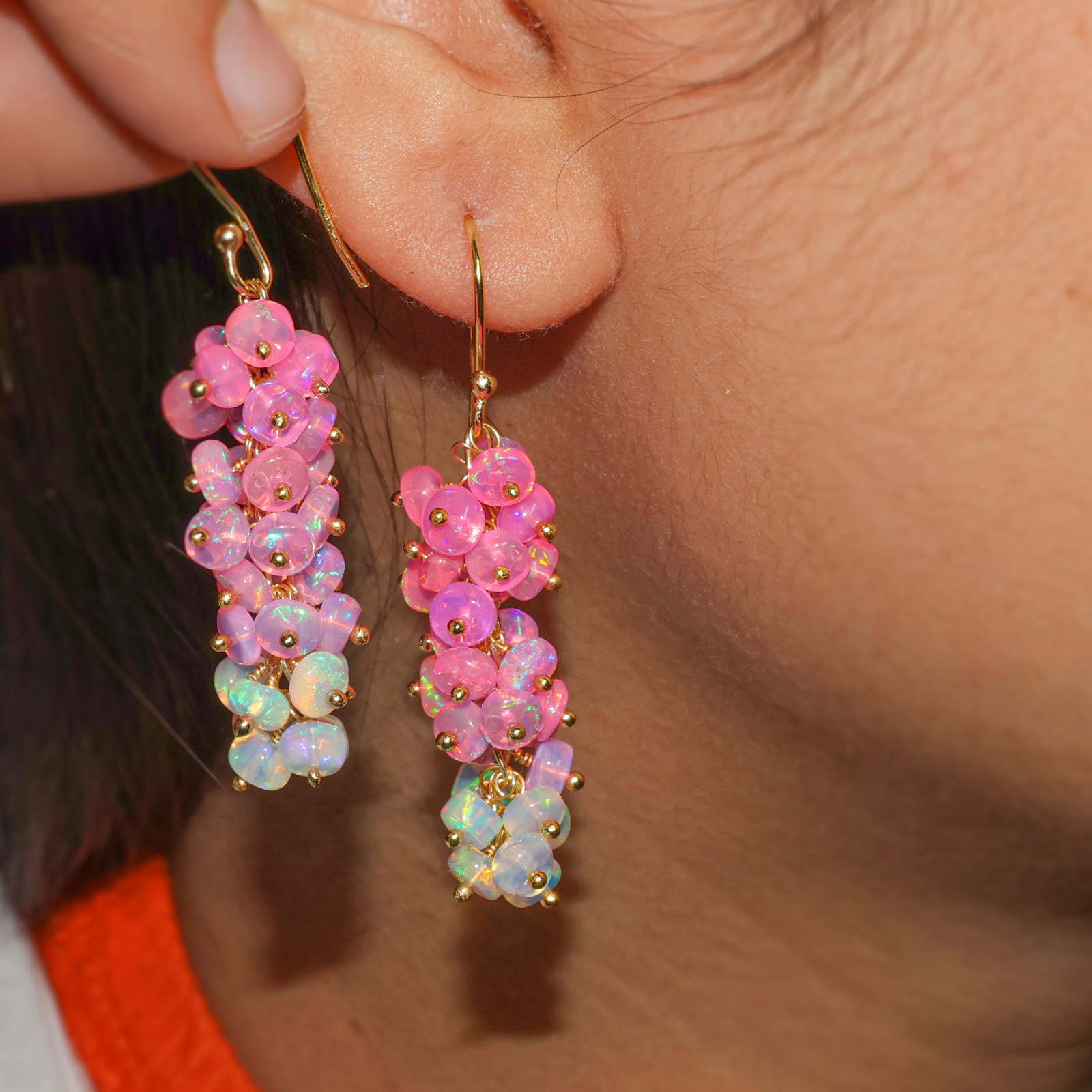 Pink and White Opal Beads Earring, Natural Opal Gemstone Cluster Earring for her