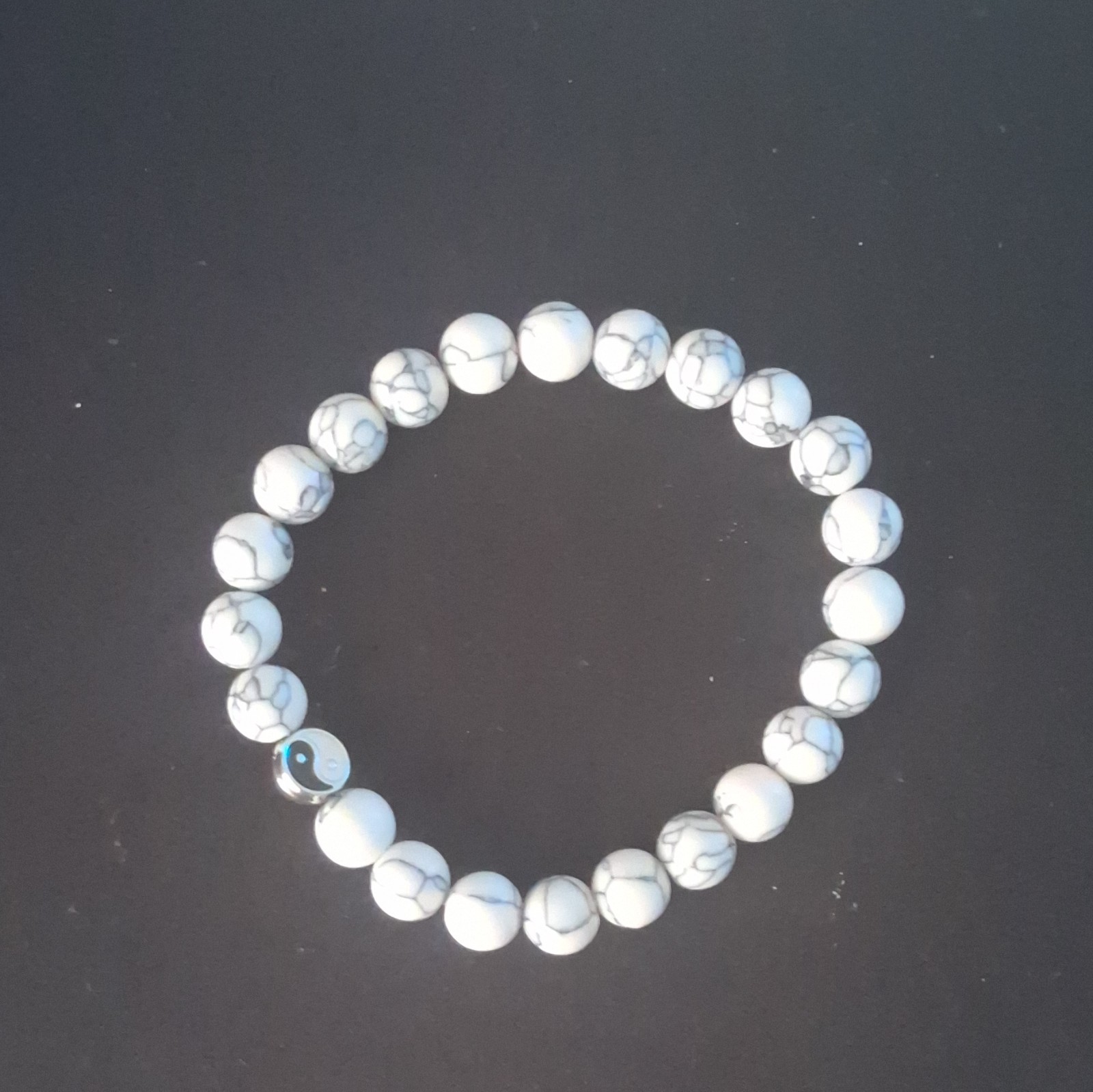 Yin Yang White Gray Black Round Stone Beaded Stretch Bracelet