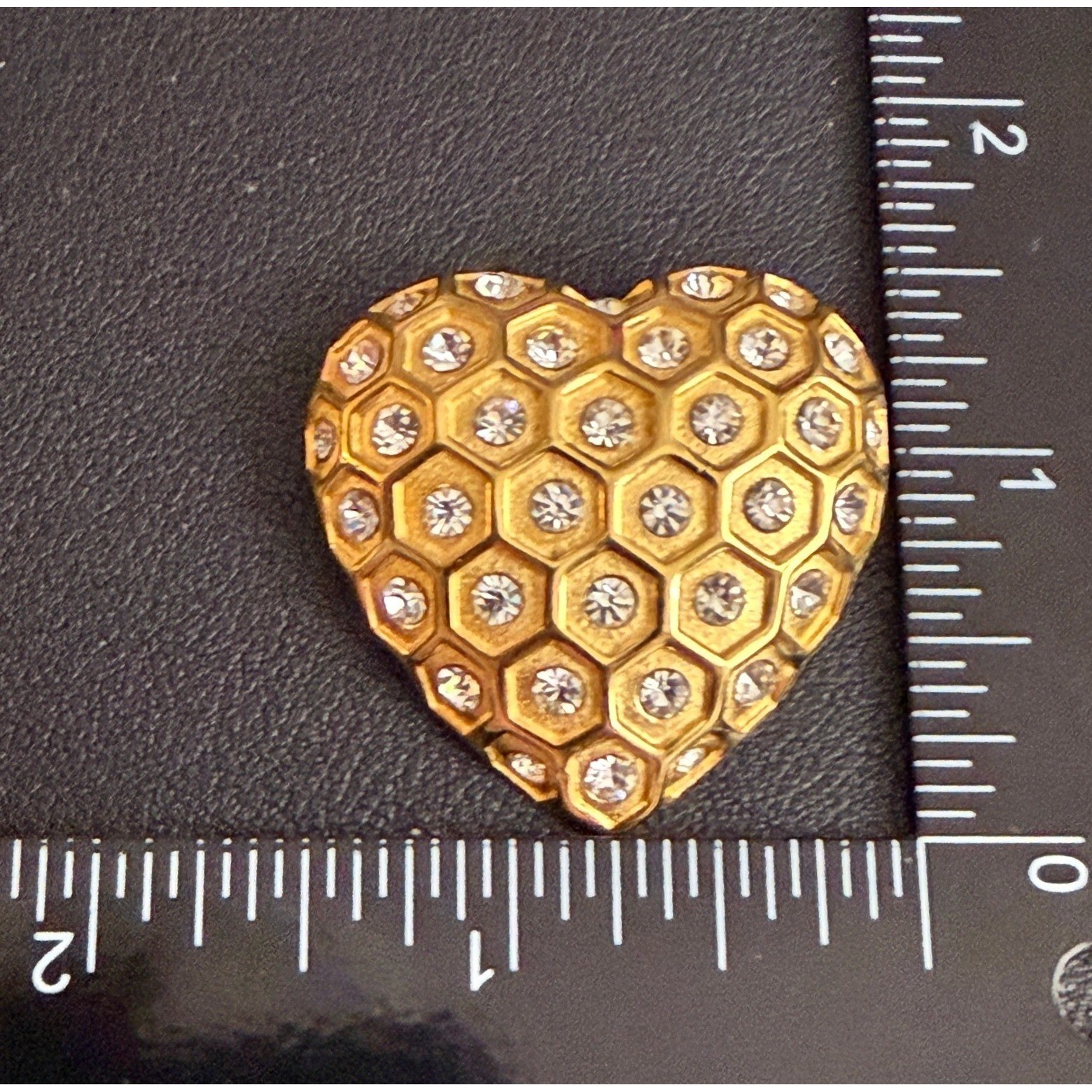 Vintage Rhinestone Brooch Heart Honeycomb Gold Tone