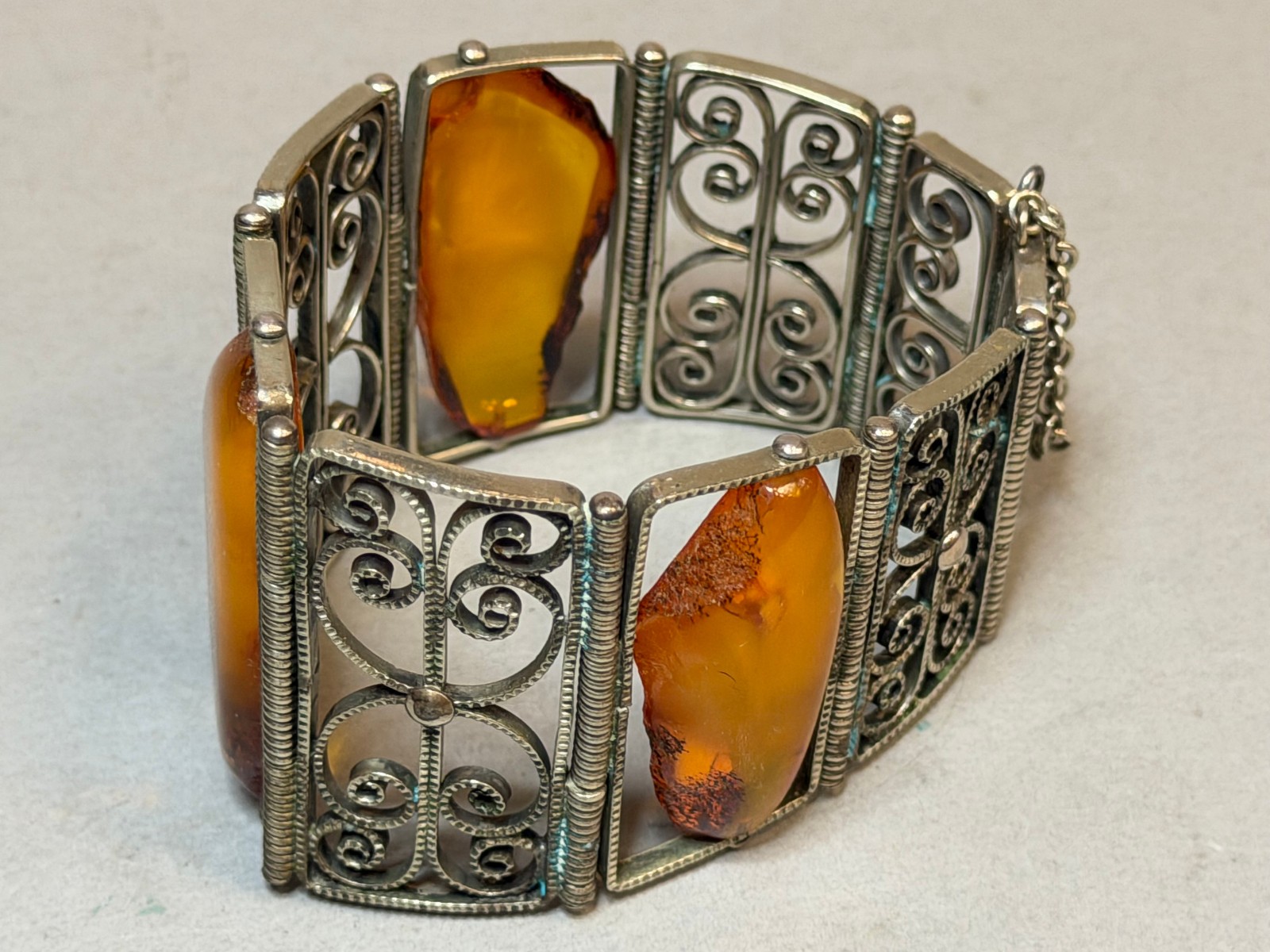 Vintage Soviet USSR Filigree Melchior Panel Bracelet Baltic Amber Honey Cognac